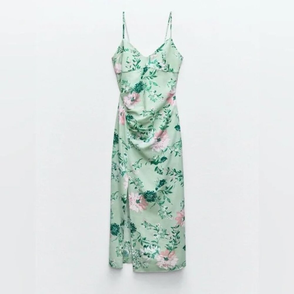 Zara Linen Midi Dress - Green and Pink Floral